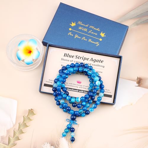 AD Beads 6mm 8mm 108 Prayer Mala Jasper Elastic Bracelet - Handmade Yoga Meditation Healing Power Energy Gifts for Unisex Adult. - color: Blue Stripe Agate(Soothing)