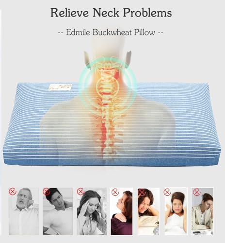 Buckwheat Pillows for Sleeping, Adjustable Hulls Firm Pillow Neck Head Back Shoulder Support for Pain Relief, Small Bed Pillow for Side Back Sleepers, Blue 19"X11"
