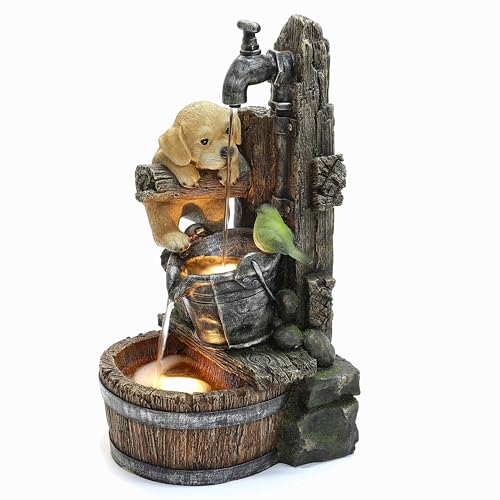 LuxenHome Water Fountain Outdoor, 25" Whimsical Puppy Dog Resin Outdoor Water Fountain with LED Lights, Decorative Garden Waterfall Fountains Indoor and Outdoor for Patio, Garden Decor - color: Brown/Gray