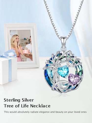 TOUPOP s925 Sterling Silver Family Celtic Tree of Life Pendant Necklaces with 2 Heart Birthstone with Blue Austrian Crystal Jewelry Birthday Valentines Day Gifts for Her, Anniversary Christmas Gifts for Wife Girlfriend Mom (18K Real White Gold Filled) - c