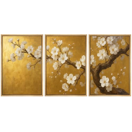 wall26 Framed Canvas Print Wall Art Set Golden Cherry Blossom Tree Elegant Floral Illustrations Fine Art Decorative Rustic for Living Room, Bedroom, Office - 16"x24"x3 Natural - color: A18-2510-edw08, size: 16" x 24" x 3 Panels NATURAL