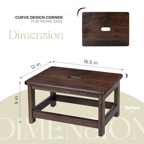 Wooden Step Stool (16.5" Dx12 Wx9 H) Bed Steps for High Beds for Adults - Natural Solid Wood One Step Stool, Heavy Duty- Holds up to 600Lbs- Perfect Safety (9in Height-Walnut)
