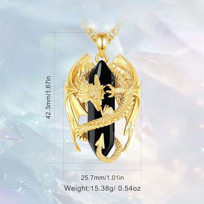 INFUSEU Unique Dragon Necklaces with Healing Crystal Stone for Men Women, Personalized Spiritual Gifts, 24 Inch Chain - color: Gold-Obsidian