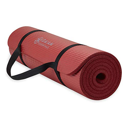 Gaiam Essentials 2/5" Thick (10mm) Yoga & Pilates, Fitness & Exercise Mat with Easy-Cinch Carrier Strap Cusion Support For Fitness and Gym Workouts - color: Red