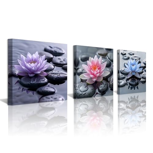 NAN Wind 3Pcs Pink Blue Purple Water Lily Black Zen Stones Framed Canvas Art Botanical Floral Print Modern Spa Art for Home Decor Ready to Hang Flower Wall Art for Living Room Bedroom Meditation Space - color: Lotus, size: 12X12inchX3