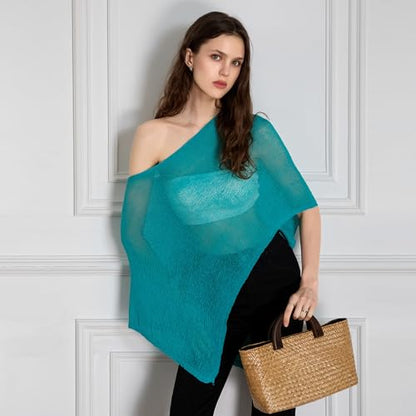 Women Sheer Poncho Top Knit Crochet Lightweight See Through Shawl Summer Shrug Beach Cover Up - color: A1 Blue