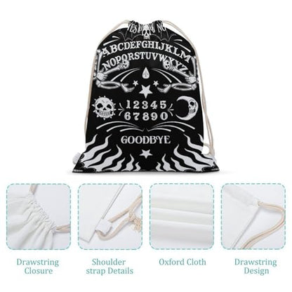 Skull Skeleton Witch Board Tarot Black Art Portable Canvas Drawstring Backpack with Drawstring Pockets 35x50cm - color: Skull Skeleton Witch Board Tarot Black Art, size: 35x50cm