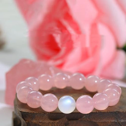 Rose Quartz Bracelet, 8mm Natural Gemstone Love Stone Jewelry Anxiety Relief & Meditation Support Heart Chakra Balance Valentine’s Mother’s Day Gift for Her - color: White moonlight pink