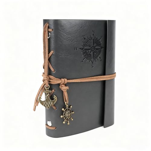 Leather Writing Journal Notebook, 5-inch Timeless Nautical Spiral-Bound Notebook featuring Blank, Unlined Sheets, Vintage-Style Pendants, Intricate Embossing, Suitable for Sketches and Musings, Diaries, Travel Logs - color: Grey