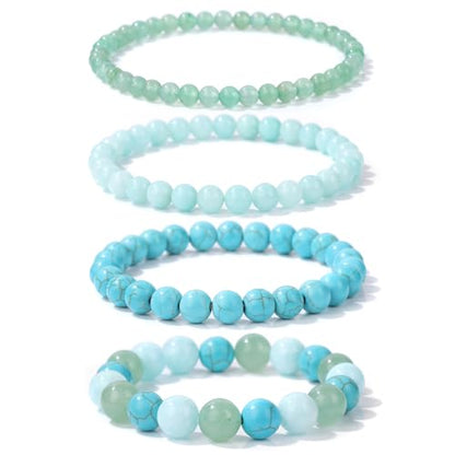4pcs Beaded Bracelets for Women,Natural Healing Crystal Gemstones Bracelet,Anxiety Stress Relief Bracelet Handmade purple Jewelry Gifts for Women - color: Green Aventurine&Amazonite&Green Turquoise