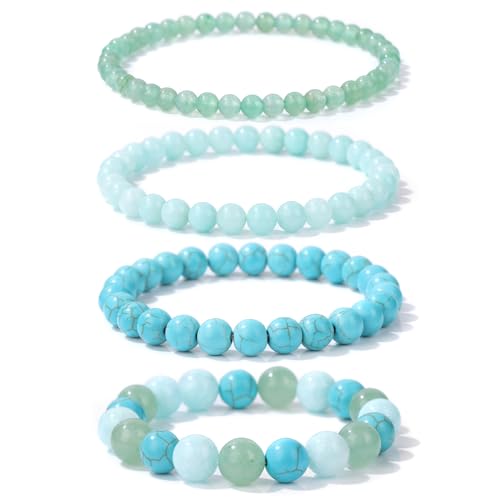 4pcs Beaded Bracelets for Women,Natural Healing Crystal Gemstones Bracelet,Anxiety Stress Relief Bracelet Handmade purple Jewelry Gifts for Women - color: Green Aventurine&Amazonite&Green Turquoise