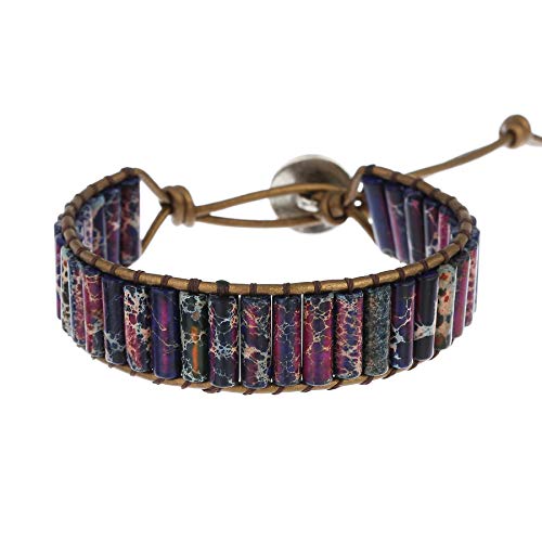 Plumiss Women Boho Handmade Natural Stone Crystal Leather Bead Wrap Bracelets Collection - style: Purple Jasper 1W