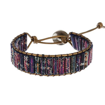 Women Boho Handmade Natural Stone Crystal Leather Bead Wrap Bracelets Collection - style: Purple Jasper 1W