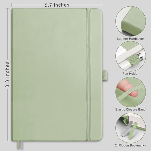 RETTACY Dotted Journal Notebook, 192 Pages, A5 Medium Size (5.7'' x 8.3''), Leather Hardcover, 100 GSM Thick Paper, for Journaling, Planning, Tracking (Light Green) - color: Light Green, style: Dotted