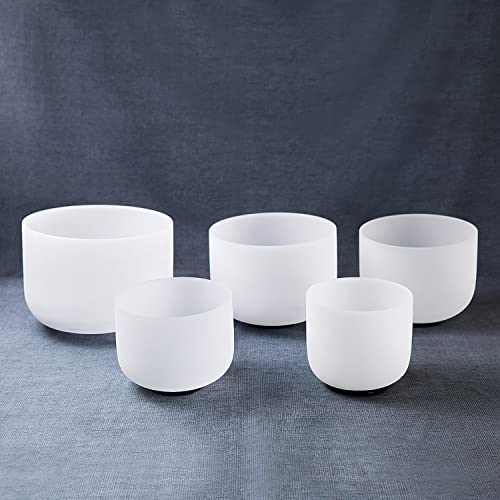 Hye-eun Crystal Singing Bowl Set, 432hz High Pitch C# D# F# G# A# 8-12 Inch 5Pcs Frosted Quartz Sound Bowls for Yoga Meditation Sound Healing with Heavy Duty Carrying Case