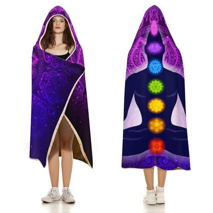 Seven Chakra Yoga Meditation Lotus Purple Mandala Large Size Comfortable Hooded Blanket, Warm Blanket 60"x80" - color: Seven Chakra Yoga Meditation Lotus Purple Man, size: 60"x80"