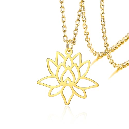 VASSAGO Buddha Lotus Necklace for Women Yoga Healing Pendant Stainless Steel Flower Necklace Buddhist Necklace Unalome Symbol Amulet Religious Jewelry - color: gold 8