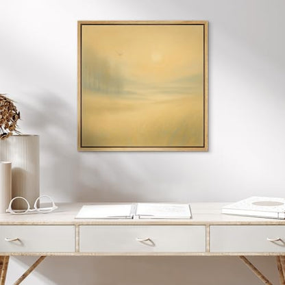 SIGNWIN Framed Canvas Print Wall Art Golden Field with Bird Soft Glow Landscape Illustrations Fine Art Farmhouse/Country for Living Room, Bedroom, Office - 16"x16" Natural - color: Bs18-2507-sar03, size: 16L" x 16W"