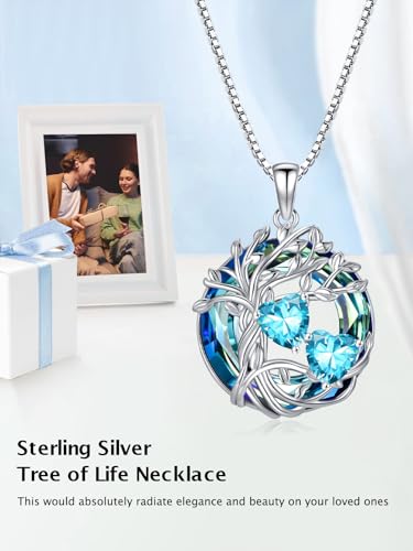 TOUPOP s925 Sterling Silver Family Celtic Tree of Life Pendant Necklaces with 2 Heart Birthstone with Blue Austrian Crystal Jewelry Birthday Valentines Day Gifts for Her, Anniversary Christmas Gifts for Wife Girlfriend Mom (18K Real White Gold Filled) - c