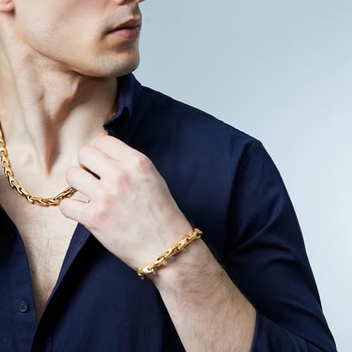 Urban Jewelry Men’s Wheat Link Bracelet Collection – Tungsten Carbide Base, 3-Sided Links, 8.3 Inch, Black, Silver & 24K Gold Plated Variations, Scratch-Resistant, Gift Box - color: 18K Gold Plated over Tungsten Bracelet Necklace Set