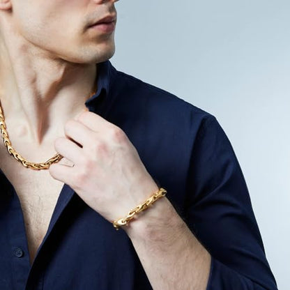 Urban Jewelry Men’s Wheat Link Bracelet Collection – Tungsten Carbide Base, 3-Sided Links, 8.3 Inch, Black, Silver & 24K Gold Plated Variations, Scratch-Resistant, Gift Box - color: 18K Gold Plated over Tungsten Bracelet Necklace Set