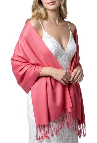 Achillea Lightweight Pashmina Scarf for Women – Soft Silky Shawl Wrap for Evening Dresses, Bridesmaids & Everyday Wear - color: Coral Pink