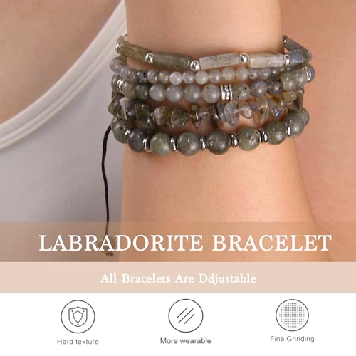 5Pcs Healing Crystal Bracelet for Women Men, Handmade Adjustable Gemstone Bracelets Beaded Reiki Energ Bracelet Set Jewelry Gifts for Women Men - color: Labradorite