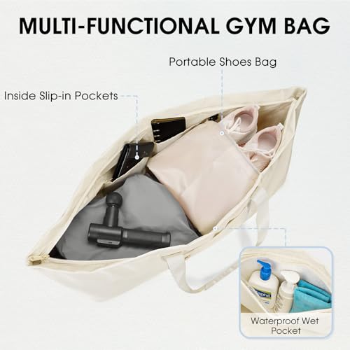 Large Yoga Mat Bag with Shoes Compartment and Wet Pocket Ladies Pilates Gym Tote Bag with Yoga Mat Holder Strap for Women Men Workout Carrier Stuff Accessories - color: Beige