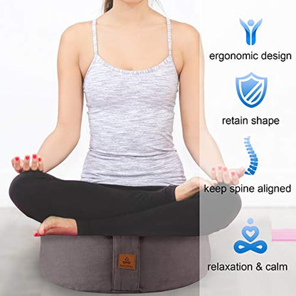Crescent Zafu Meditation Pillow, D=17" W=11" H=5.5" Zabuton Yoga Bolster, Meditation Cushion, Floor Pouf Yoga Pillow Zippered Organic Cotton Cover Natural Buckwheat kneeling pillow - Large - color: Cyan Blue