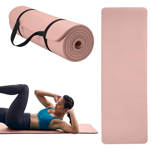 Gaiam Essentials 2/5" Thick (10mm) Yoga & Pilates, Fitness & Exercise Mat with Easy-Cinch Carrier Strap Cusion Support For Fitness and Gym Workouts - color: French Rose
