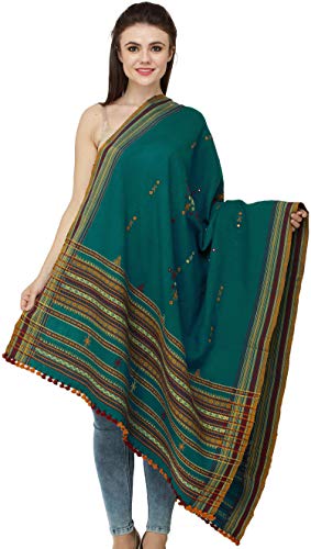 Exotic India Shawl from Kutch with Embroidered Bootis and Mirrors - Wool - color: Everglade