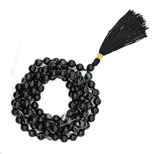 Amazing Gemstone Black Hakik Mala Beads - 108 Prayer Beads for Meditation and Mindfulness Practice, Handcrafted Mala Beads with Natural Gemstones for Spiritual Healing and Relaxation (Knotted) - color: Black Hakik, style: Knotted