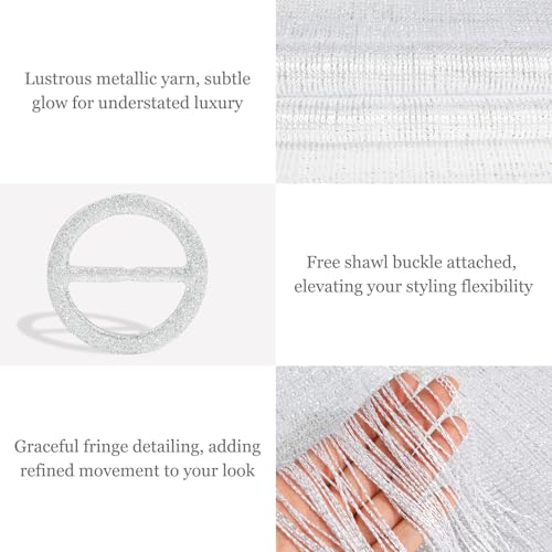 Sumolux Shawls Wraps for Evening Dresses Metallic Glitter Shawls Scarf for Women Sparkling Wedding with Free Buckle - color: White