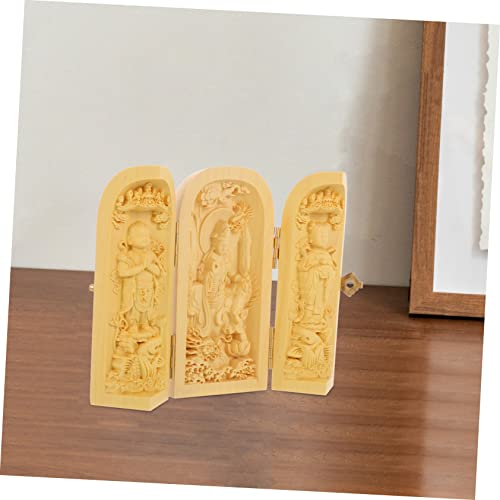 ABOOFAN Wood Buddha Statue Yellow Birch Carving 3-Compartment Box Small Buddha Figurine for Zen Decor Home and Office Decoration