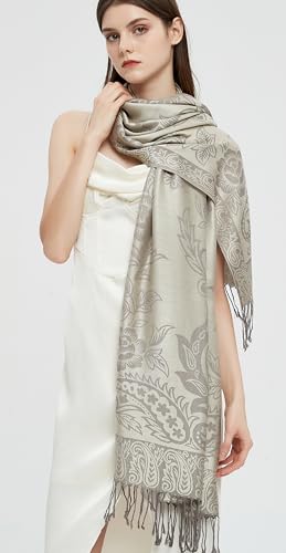 Pashmina Shawl Wrap with Ethnic Paisley Two Tone Jacquard Scarf for Women - color: Paisley-cream