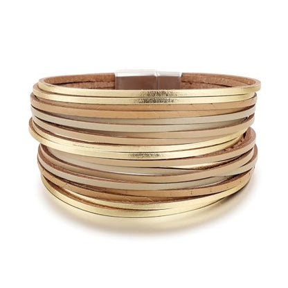 Edoneery Leather Wrap Bracelet for Women, Boho Handmade Multi-Layer Cuff with Crystal Beads Heart, Stackable Bangle Western Jewelry Gift - style: Leather(Gold)