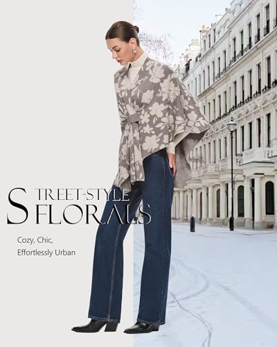 PULI Women's Elegant Shawl Wraps Soft Open Front Poncho Sweater for Spring Fall Winter - color: Floral-oatmeal and Barley Twist