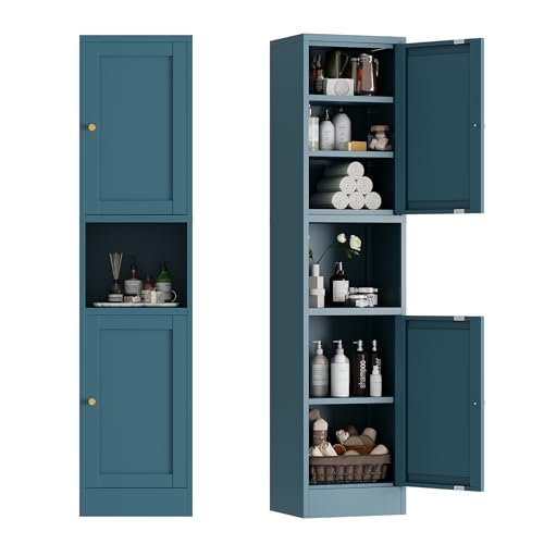 COFaR 67" Tall Narrow Bathroom Storage Cabinet, 6-Tier Metal Pantry Cabinet with Adjustable Shelves and 2 Glass Doors, Linen Cabinets for Bathroom, Living Room, Home Office, Kitchen, Blue - color: 2-door Blue