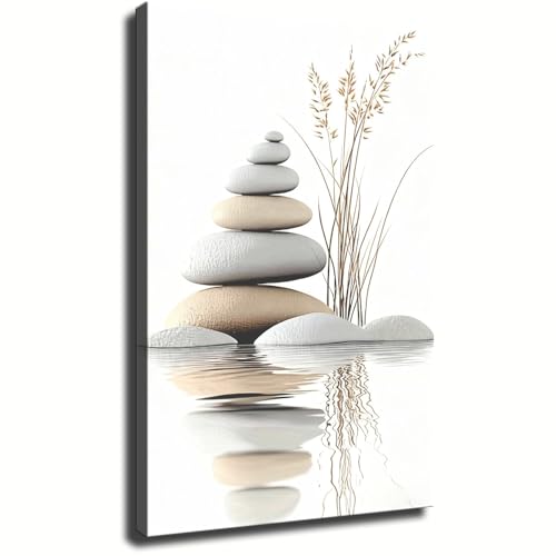 Zen Balance Stone Pile With Reed Grass Still Life Modern Canvas Wall Art Painting for Living Room Office Aesthetic Minimalist Home Decor (Framed,08x12inch)