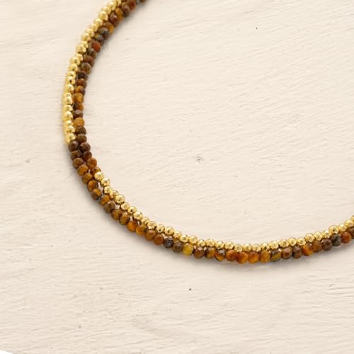 Women Beaded Bracelet Gold Double Layer Gemstone 14K Simple Dainty Handmade Chain Everyday Boho Beach Jewelry - style: Tiger's Eye
