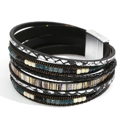 Fesciory Leather Wrap Bracelets for Women, Boho Leopard Multi-Layer Crystal Beads Cuff Bracelet Jewelry - color: Boho Braid(Black)
