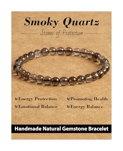 Natural Stone Beaded Bracelets for Men Women, Healing Crystal Energy Protection Bracelet with Gift Card, Christmas Birthday Valentines Jewelry Gifts, 4mm 6mm 8mm - color: Smoky Quartz(Protection & Grounding), size: 6mm
