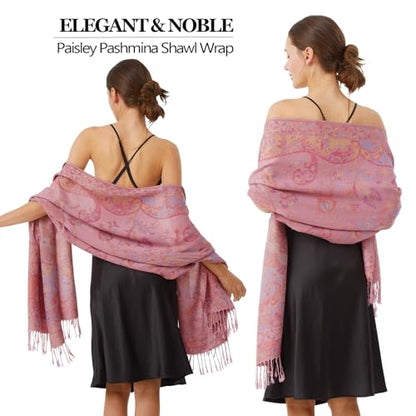 Paisley Pashmina Rave Shawl Scarf-Women's Reversible Ethnic Jacquard Pashmina Wraps for Travel - color: A#. Rose Pink