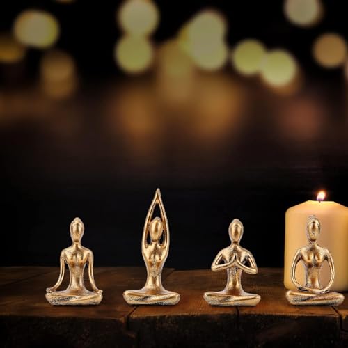 Yoga Pose Statue Set (4 Pcs), Abstract Figurines for Shelf Decor, Zen Meditation Accessories for Home & Office, Spiritual Gift (Gold)