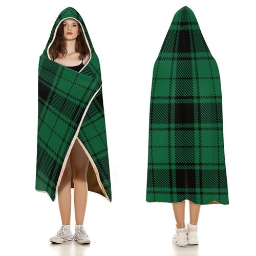 Scottish Tartan Plaid Green Large Size Comfortable Hooded Blanket, Warm Blanket 40"x50" - color: Scottish Tartan Plaid Green, size: 40"x50"
