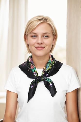 ANDANTINO 100% Mulberry Silk Square Scarf for Hair-25.6" X25.6'' Women Men Natural Silk Neckerchief Digital Printed Headscarf - color: Floral-black