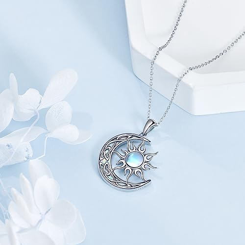 Sun and Moon Necklace for Women 925 Sterling Silver Celtic Crescent Moon Pendant Blue Opal/White Opal/Abelone Shell/Labradorite/Moonstone Jewelry Gift for Teen Girls - color: opal and moonstone
