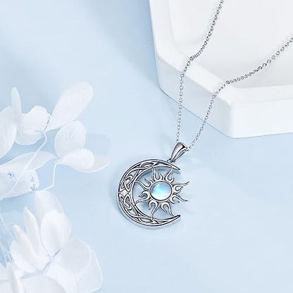 Sun and Moon Necklace for Women 925 Sterling Silver Celtic Crescent Moon Pendant Blue Opal/White Opal/Abelone Shell/Labradorite/Moonstone Jewelry Gift for Teen Girls - color: opal and moonstone