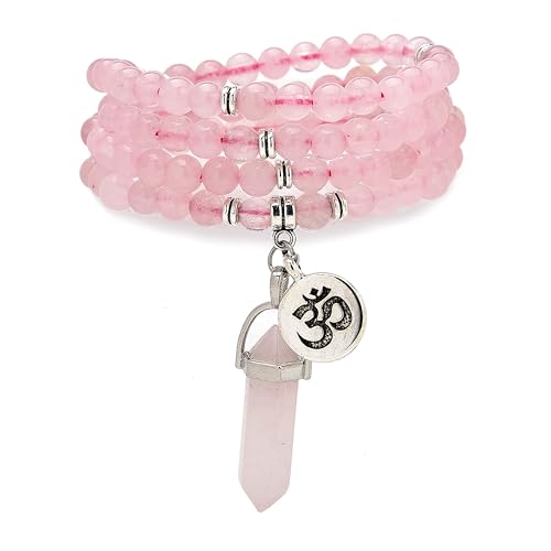Natural Japa Mala 108 Beads Bracelet Necklace Meditation Accessories with om Chram and Reiki Quartz Hexagonal Prism Pendant - style: Rose Quartz