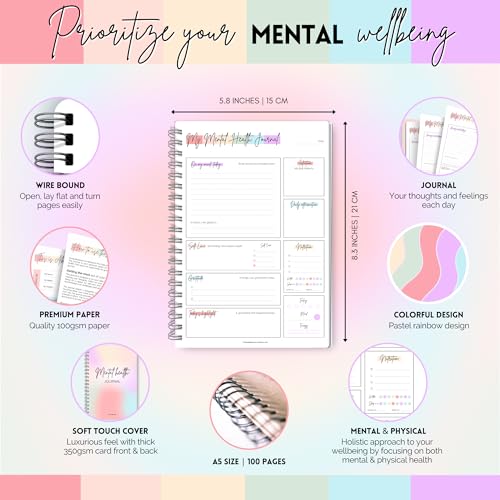 Mental Health Journal Planner | Daily Gratitude, Self Care, Intentions, Affirmations and Nutrition (Rainbow, A5) - color: Rainbow, size: A5